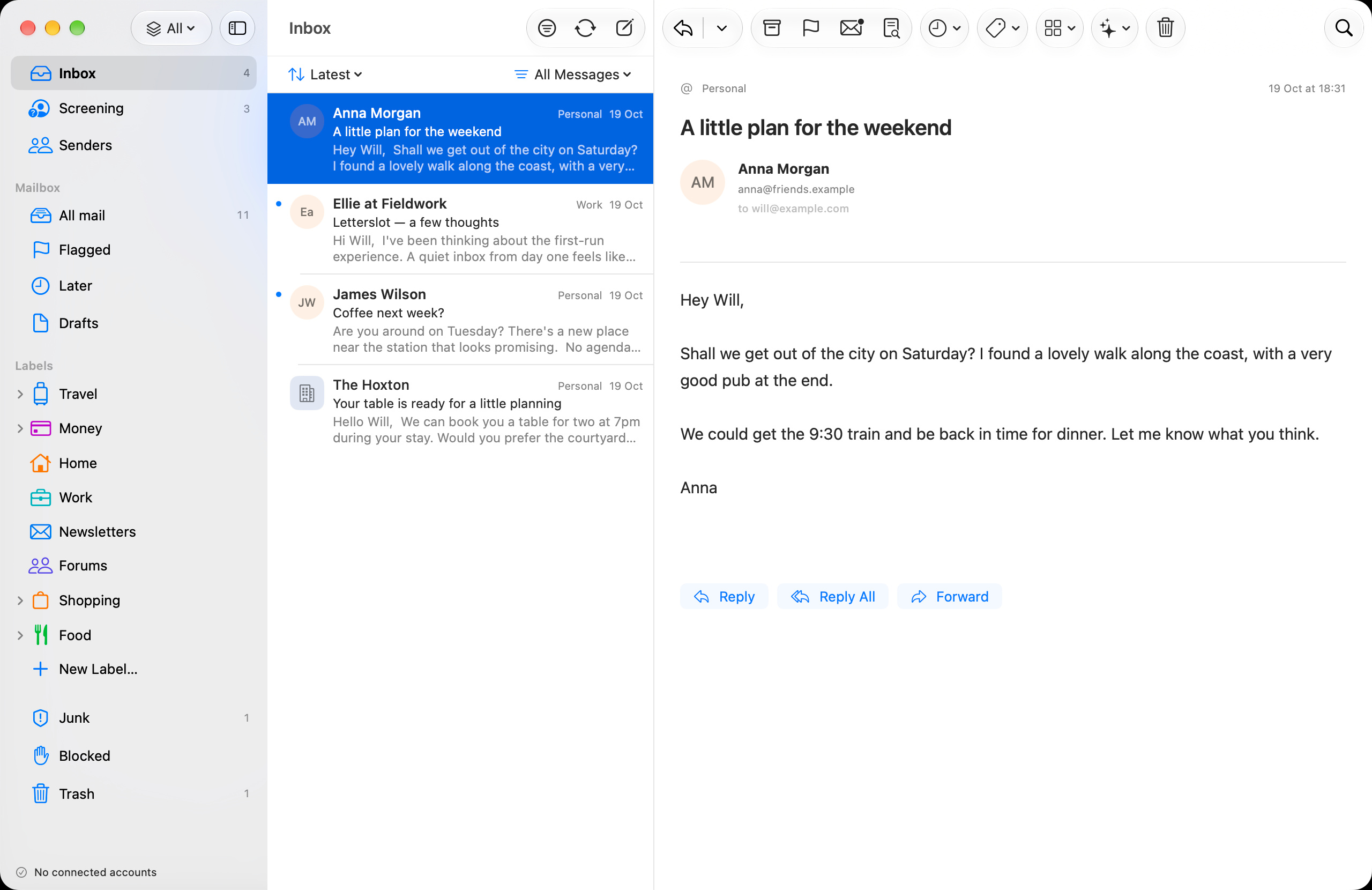 Letterslot on Mac: Inbox, nested sidebar labels and an open conversation with sample messages.