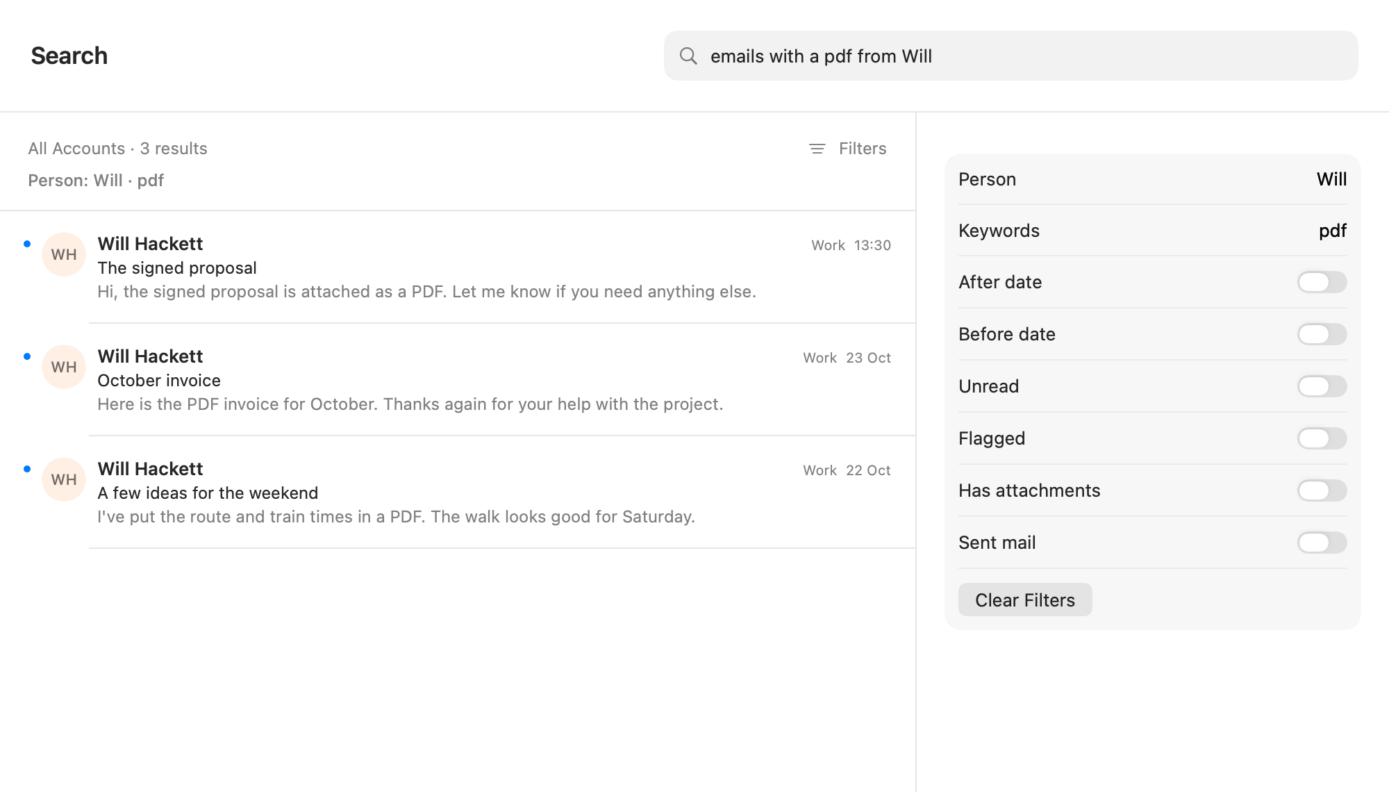 Native Letterslot search preview showing three sample PDF messages from Will, with person, keyword and date filters.